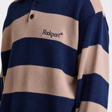 Navy and stone stripe knit polo jumper with Rockport embroidery logo at chest, worn by a model