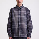 Navy blue check long sleeve oxford shirt, worn by model