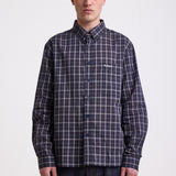 Navy blue check long sleeve oxford shirt, worn by model