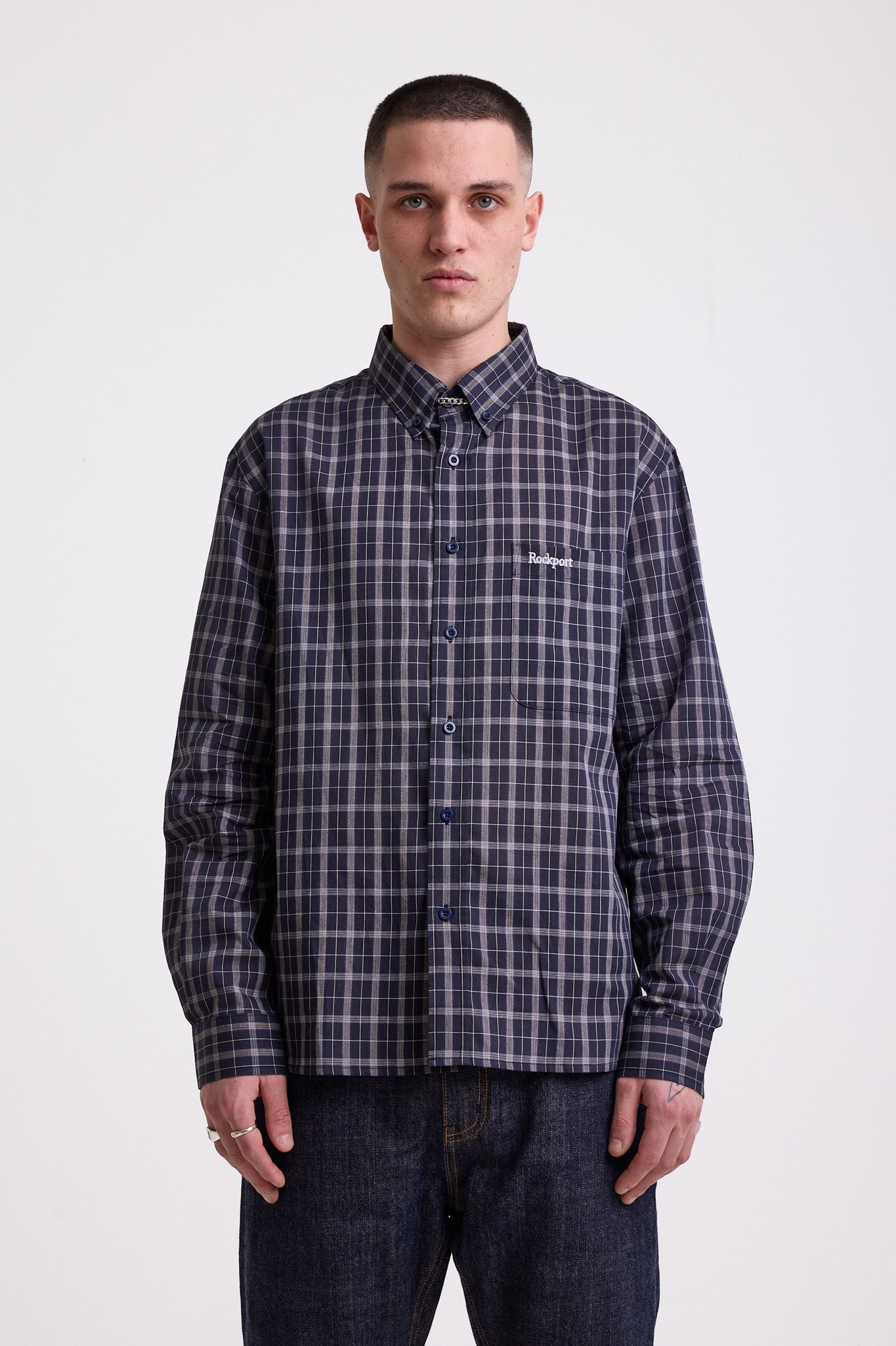 Navy blue check long sleeve oxford shirt, worn by model