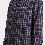 Navy blue check long sleeve oxford shirt, worn by model
