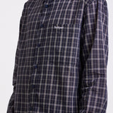 Navy blue check long sleeve oxford shirt, worn by model