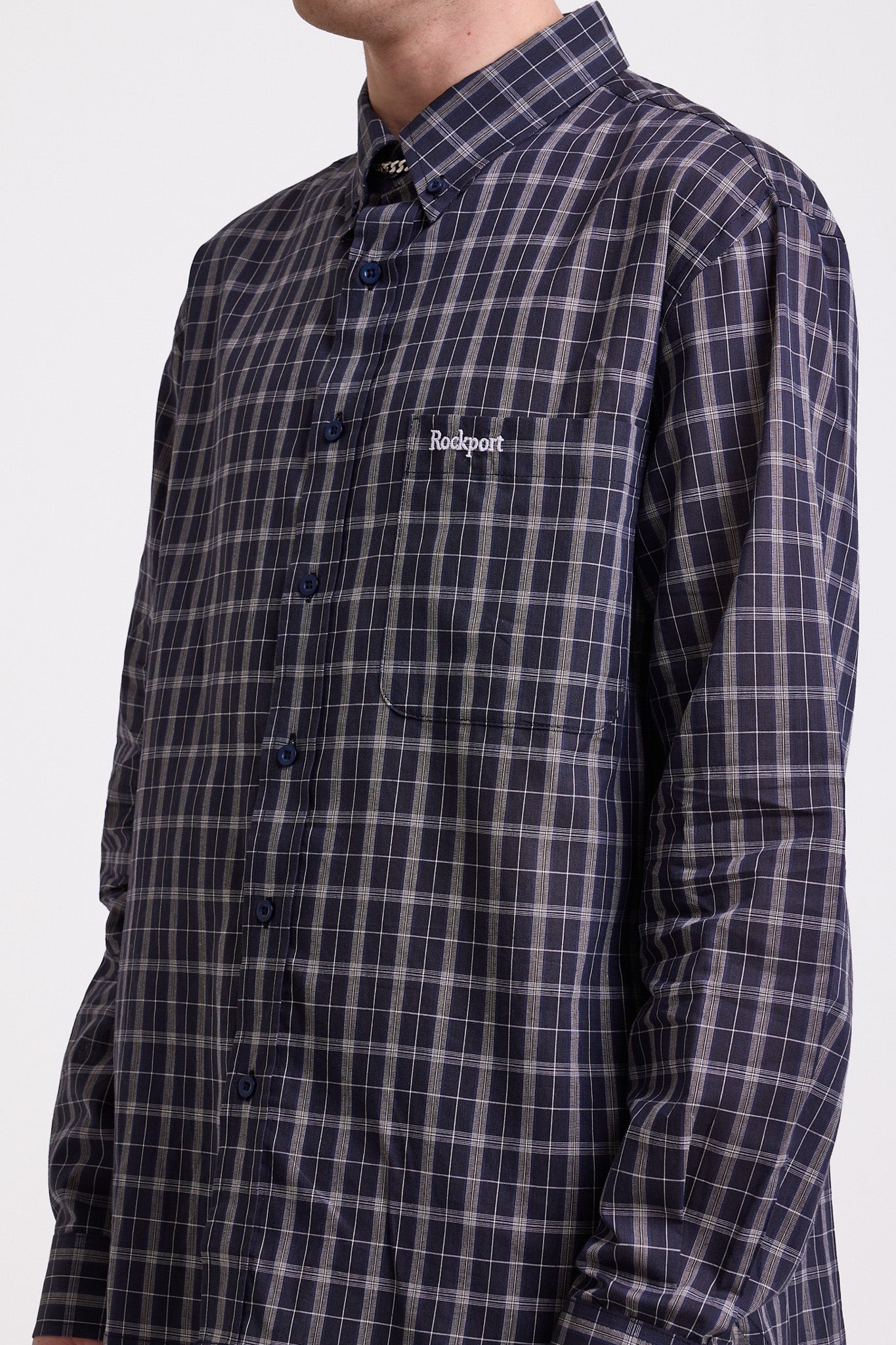 Navy blue check long sleeve oxford shirt, worn by model