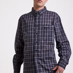 Navy blue check long sleeve oxford shirt, worn by model