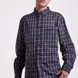 Navy blue check long sleeve oxford shirt, worn by model