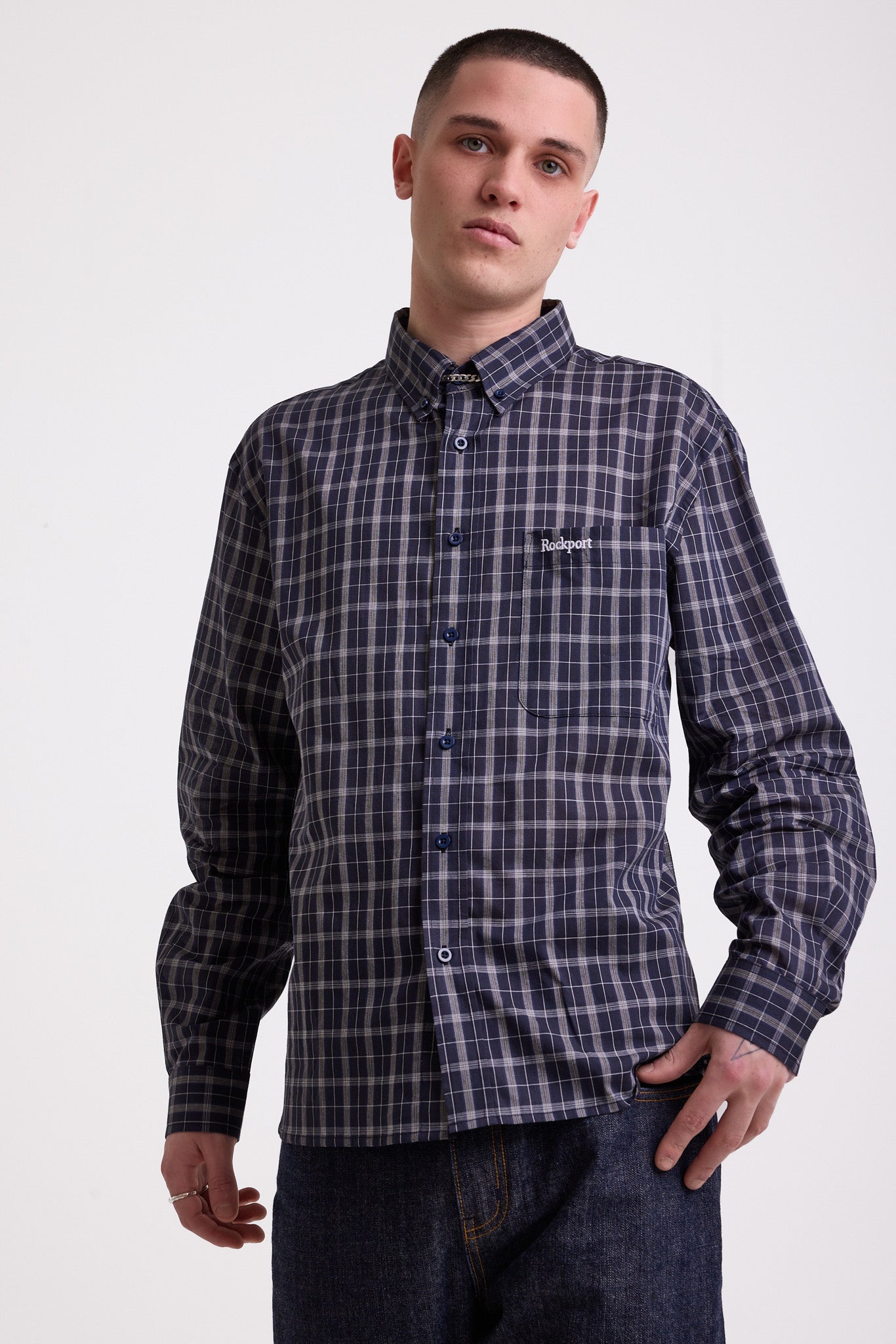 Navy blue check long sleeve oxford shirt, worn by model