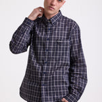 Navy blue check long sleeve oxford shirt, worn by model