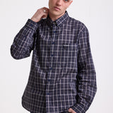 Navy blue check long sleeve oxford shirt, worn by model