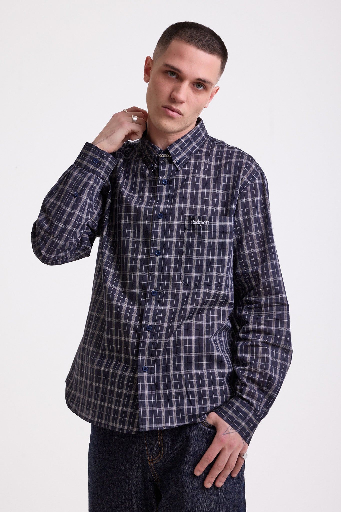 Navy blue check long sleeve oxford shirt, worn by model
