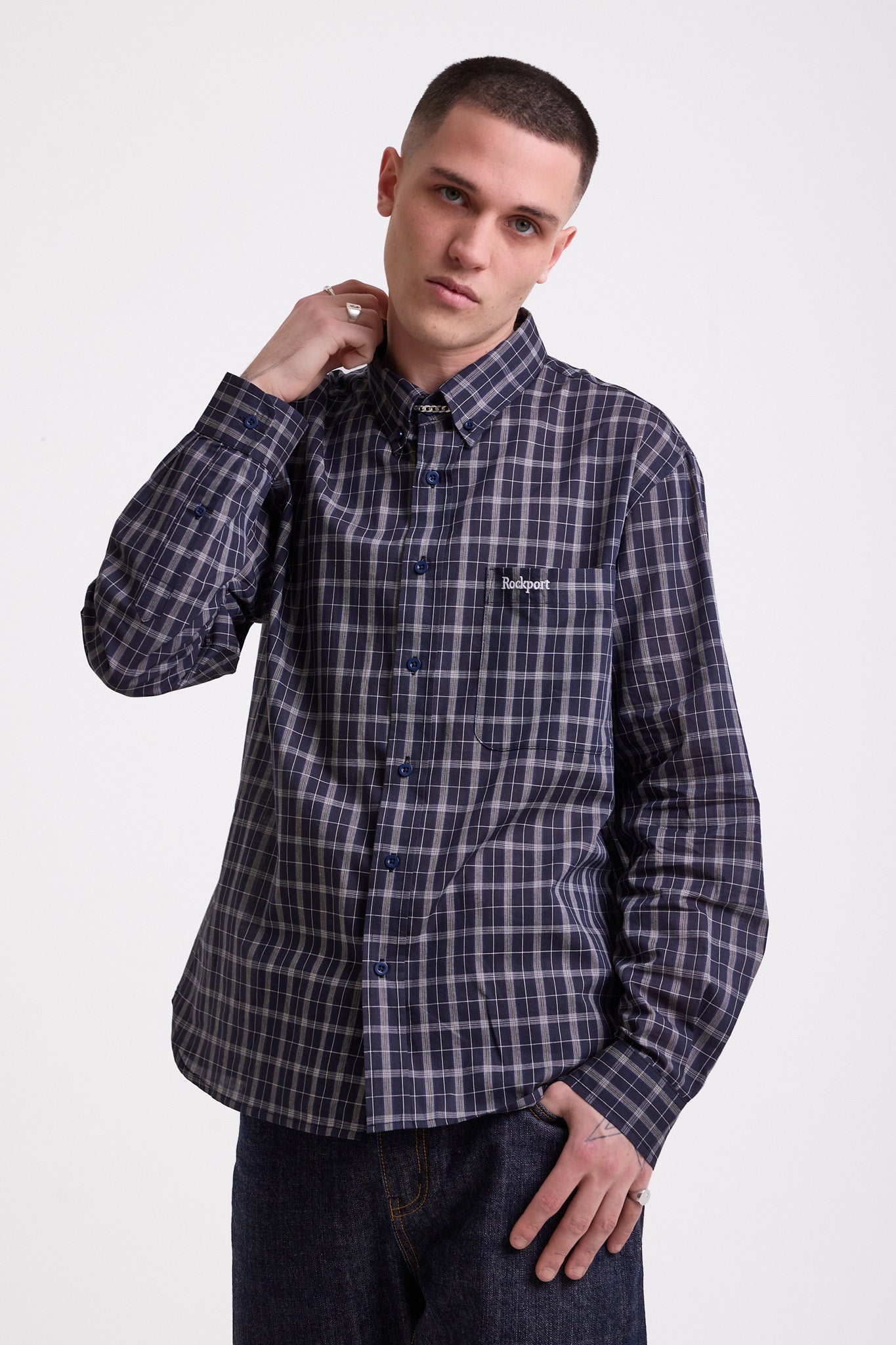 Navy blue check long sleeve oxford shirt, worn by model
