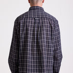 Navy blue check long sleeve oxford shirt, worn by model