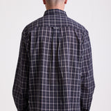 Navy blue check long sleeve oxford shirt, worn by model