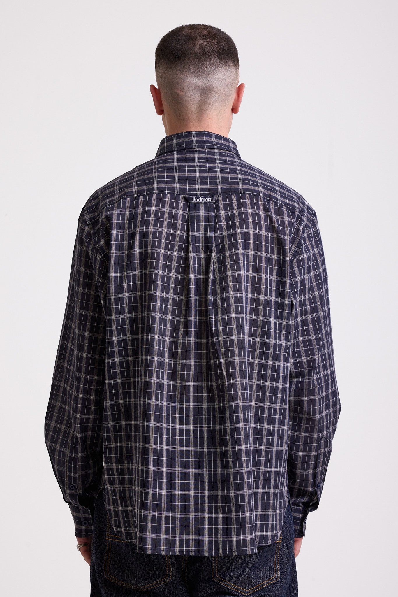 Navy blue check long sleeve oxford shirt, worn by model