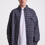 Navy blue check long sleeve oxford shirt, worn by model