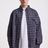 Navy blue check long sleeve oxford shirt, worn by model