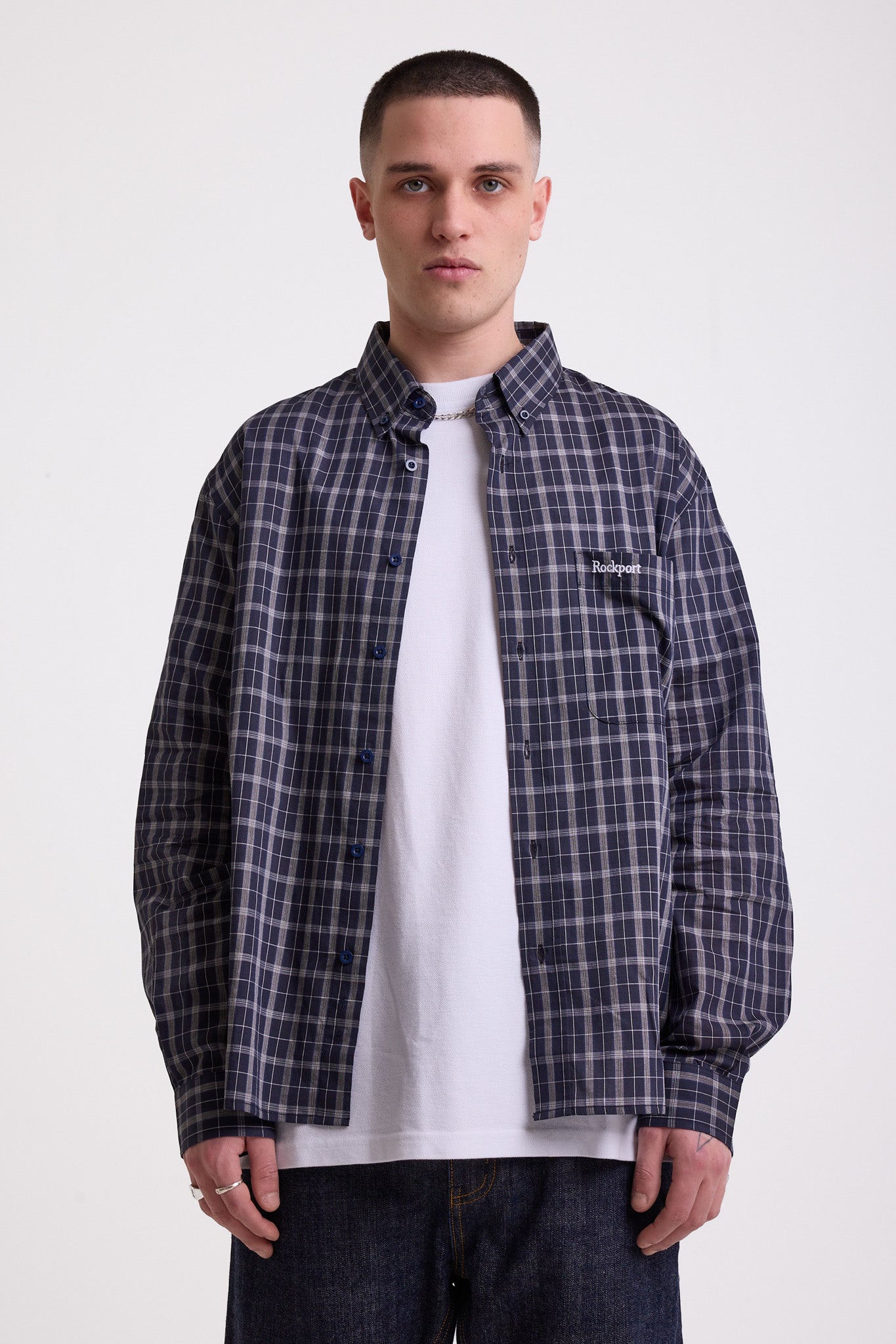 Navy blue check long sleeve oxford shirt, worn by model