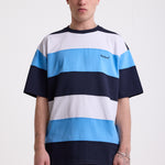 Navy, blue and white stripe crew neck t-shirt with embroidered Rockport logo, worn by model