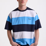 Navy, blue and white stripe crew neck t-shirt with embroidered Rockport logo, worn by model