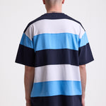 Navy, blue and white stripe crew neck t-shirt with embroidered Rockport logo, worn by model