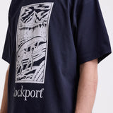 Navy crew neck t-shirt with printed ourdoor-inspired graphic and Rockport logo, worn by model