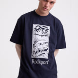 Navy crew neck t-shirt with printed ourdoor-inspired graphic and Rockport logo, worn by model
