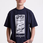 Navy crew neck t-shirt with printed ourdoor-inspired graphic and Rockport logo, worn by model