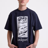 Navy crew neck t-shirt with printed ourdoor-inspired graphic and Rockport logo, worn by model
