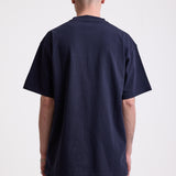 Navy crew neck t-shirt with printed ourdoor-inspired graphic and Rockport logo, worn by model