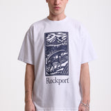 White crew neck t-shirt with printed ourdoor-inspired graphic and Rockport logo, worn by model