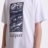 White crew neck t-shirt with printed ourdoor-inspired graphic and Rockport logo, worn by model