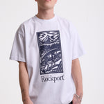 White crew neck t-shirt with printed ourdoor-inspired graphic and Rockport logo, worn by model