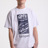 White crew neck t-shirt with printed ourdoor-inspired graphic and Rockport logo, worn by model