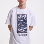 White crew neck t-shirt with printed ourdoor-inspired graphic and Rockport logo, worn by model