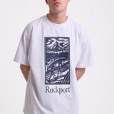White crew neck t-shirt with printed ourdoor-inspired graphic and Rockport logo, worn by model