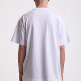 White crew neck t-shirt with printed ourdoor-inspired graphic and Rockport logo, worn by model