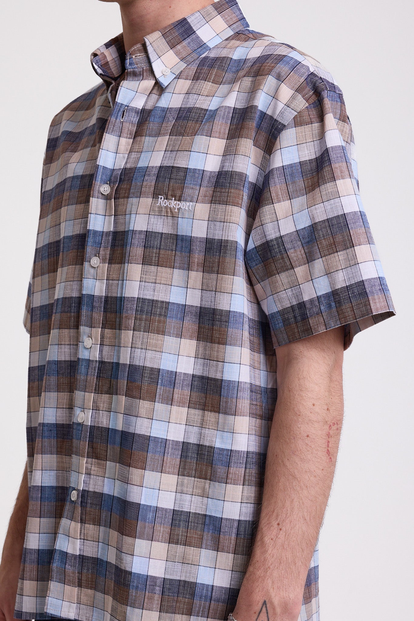 Blue and brown plaid check short sleeve shirt, worn by model