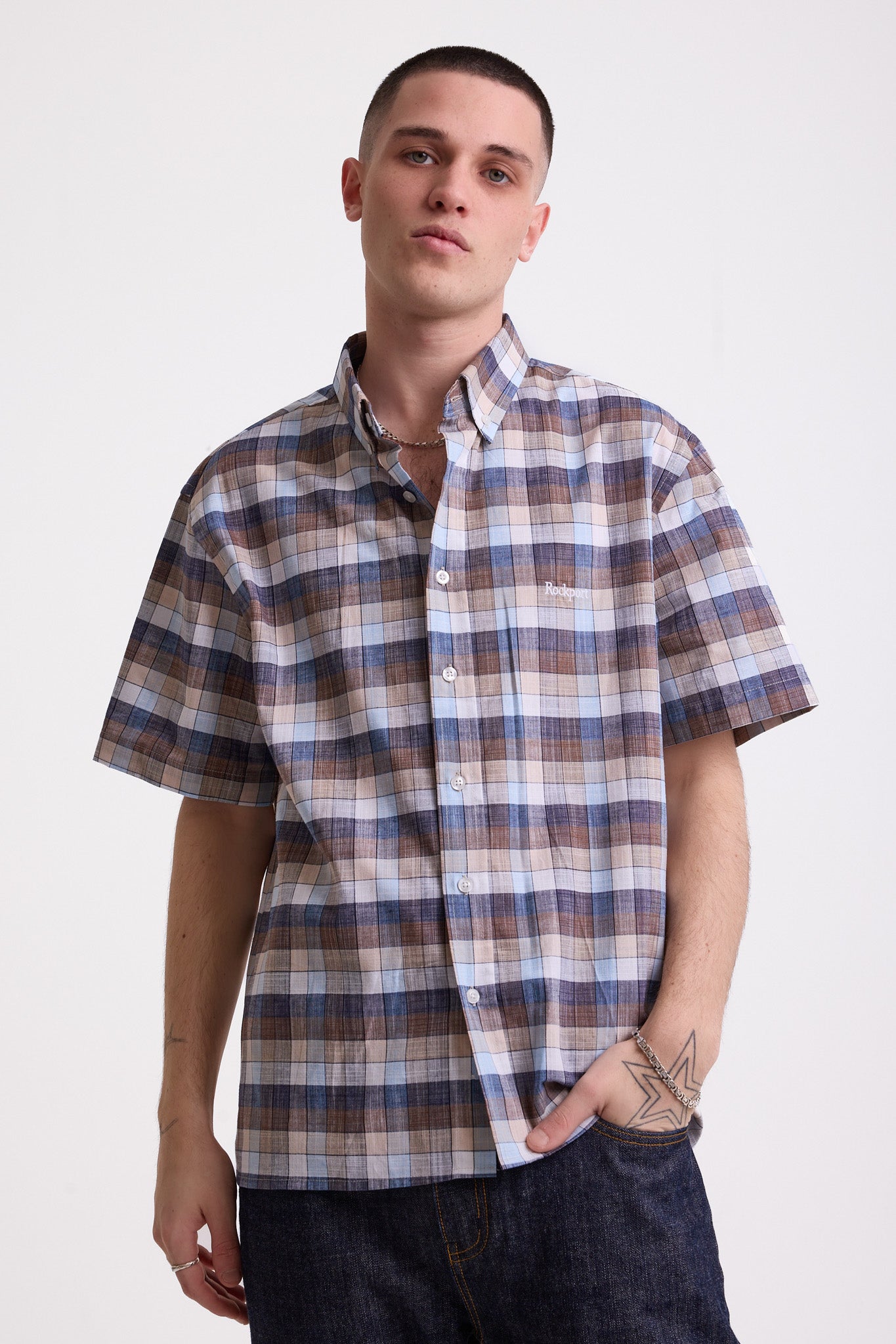 Blue and brown plaid check short sleeve shirt, worn by model