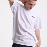White pique crew neck t-shirt with navy Rockport embroidery, worn by model