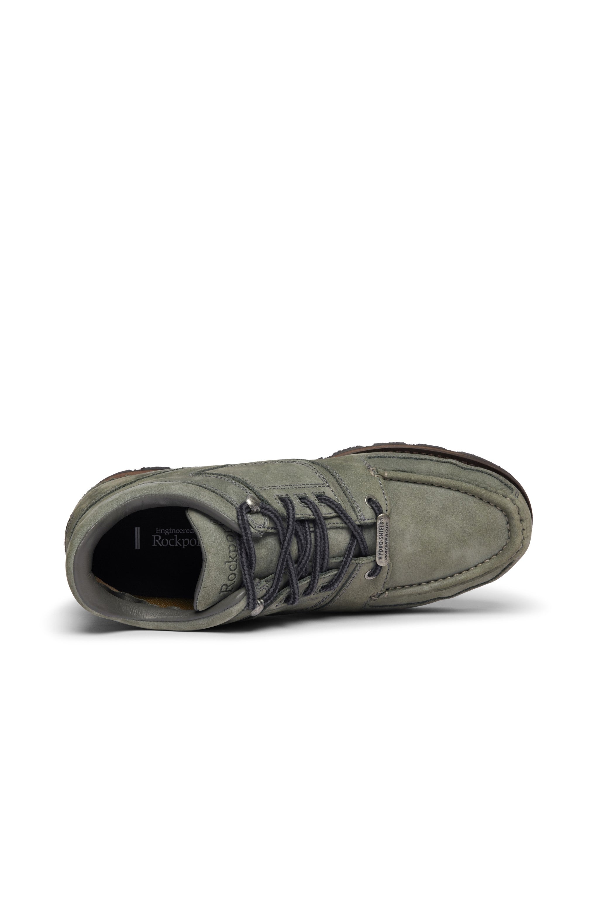 Rockport grey nubuck leather hiker boot with black sole on a white background