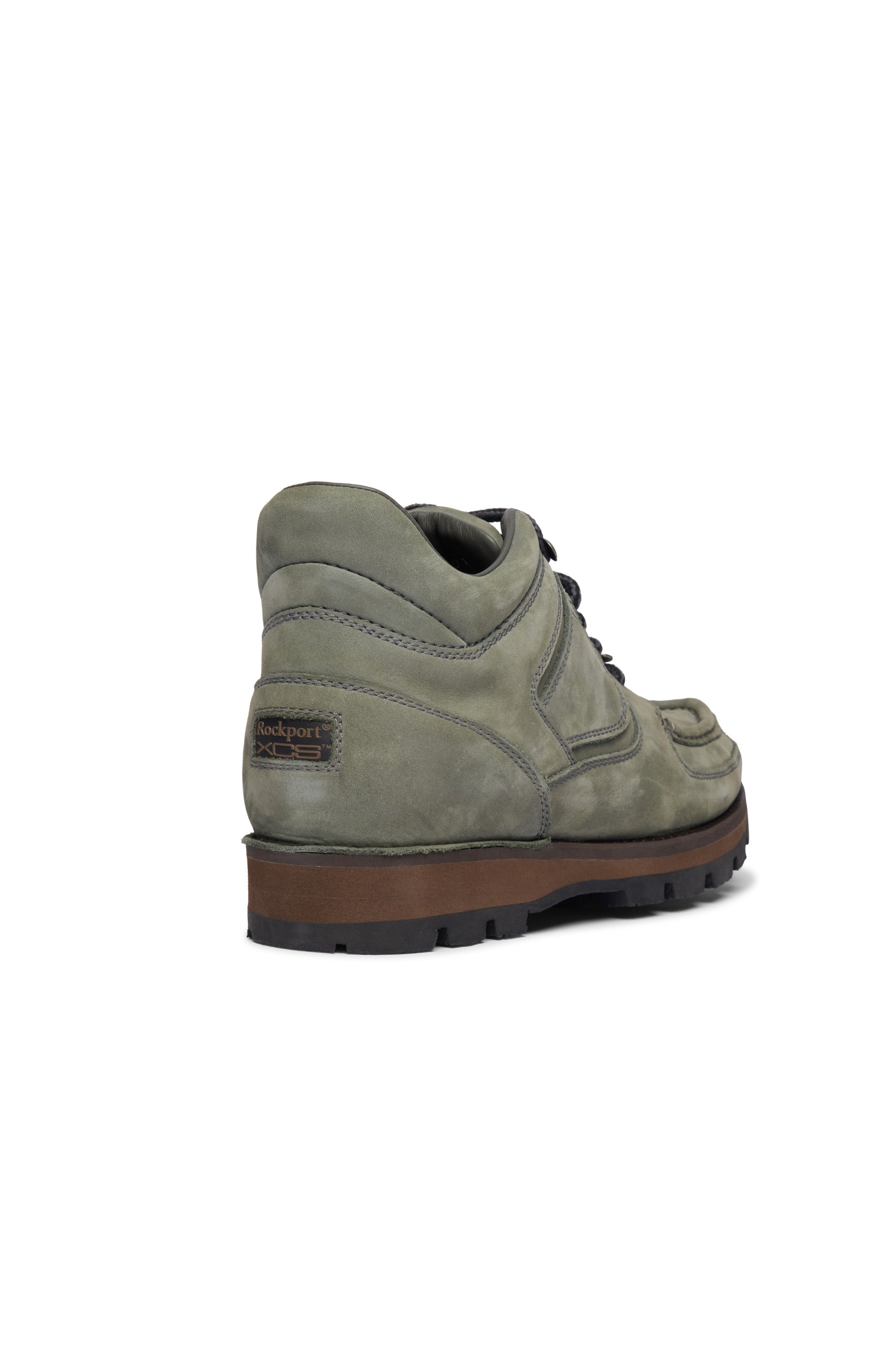 Rockport grey nubuck leather hiker boot with black sole on a white background