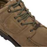 Rockport khaki tan nubuck leather hiker boot with black sole on a white background