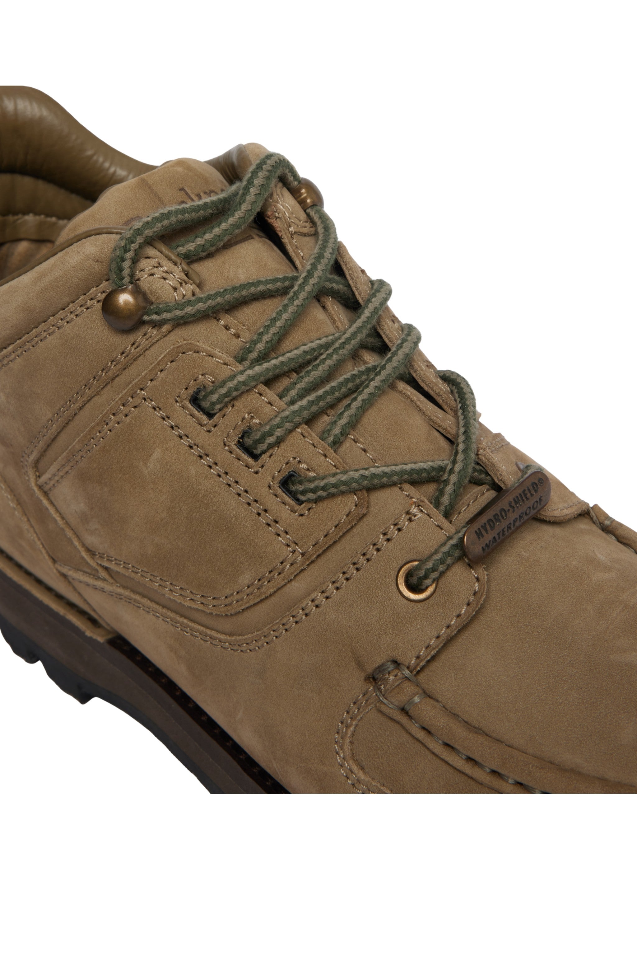 Rockport khaki tan nubuck leather hiker boot with black sole on a white background