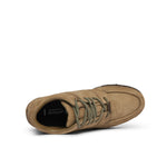 Rockport khaki tan nubuck leather hiker boot with black sole on a white background