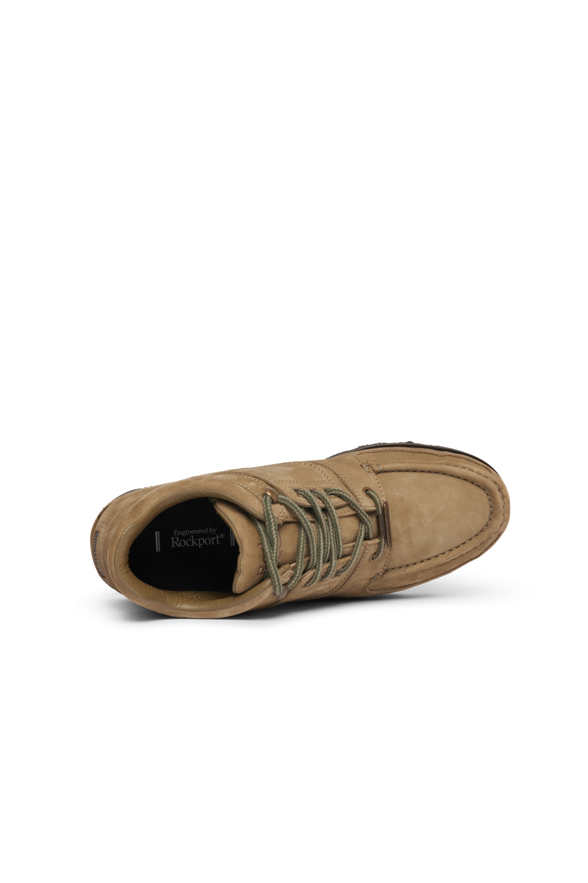 Rockport khaki tan nubuck leather hiker boot with black sole on a white background