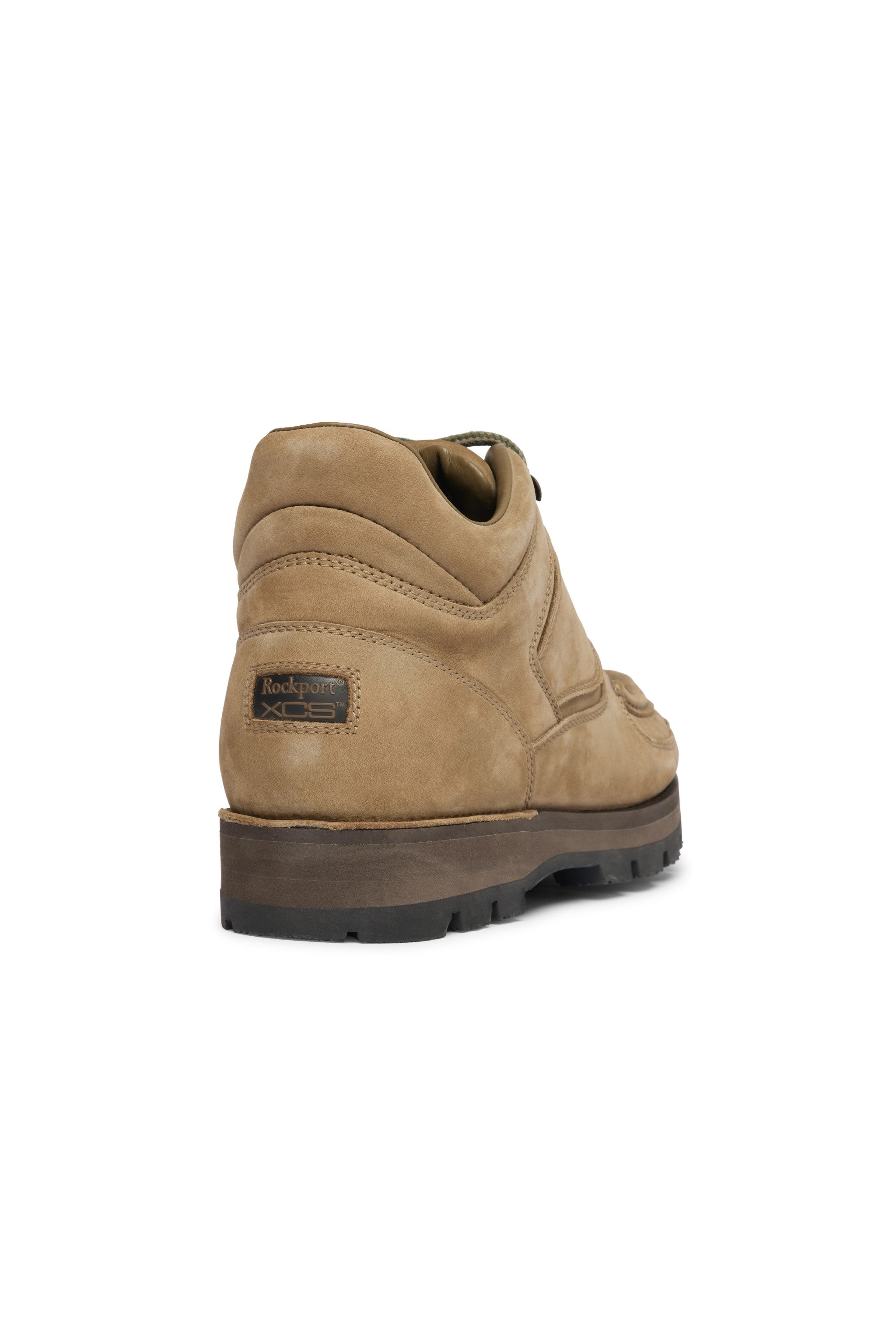 Rockport khaki tan nubuck leather hiker boot with black sole on a white background