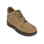 Rockport khaki tan nubuck leather hiker boot with black sole on a white background