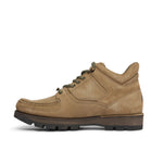 Rockport khaki tan nubuck leather hiker boot with black sole on a white background