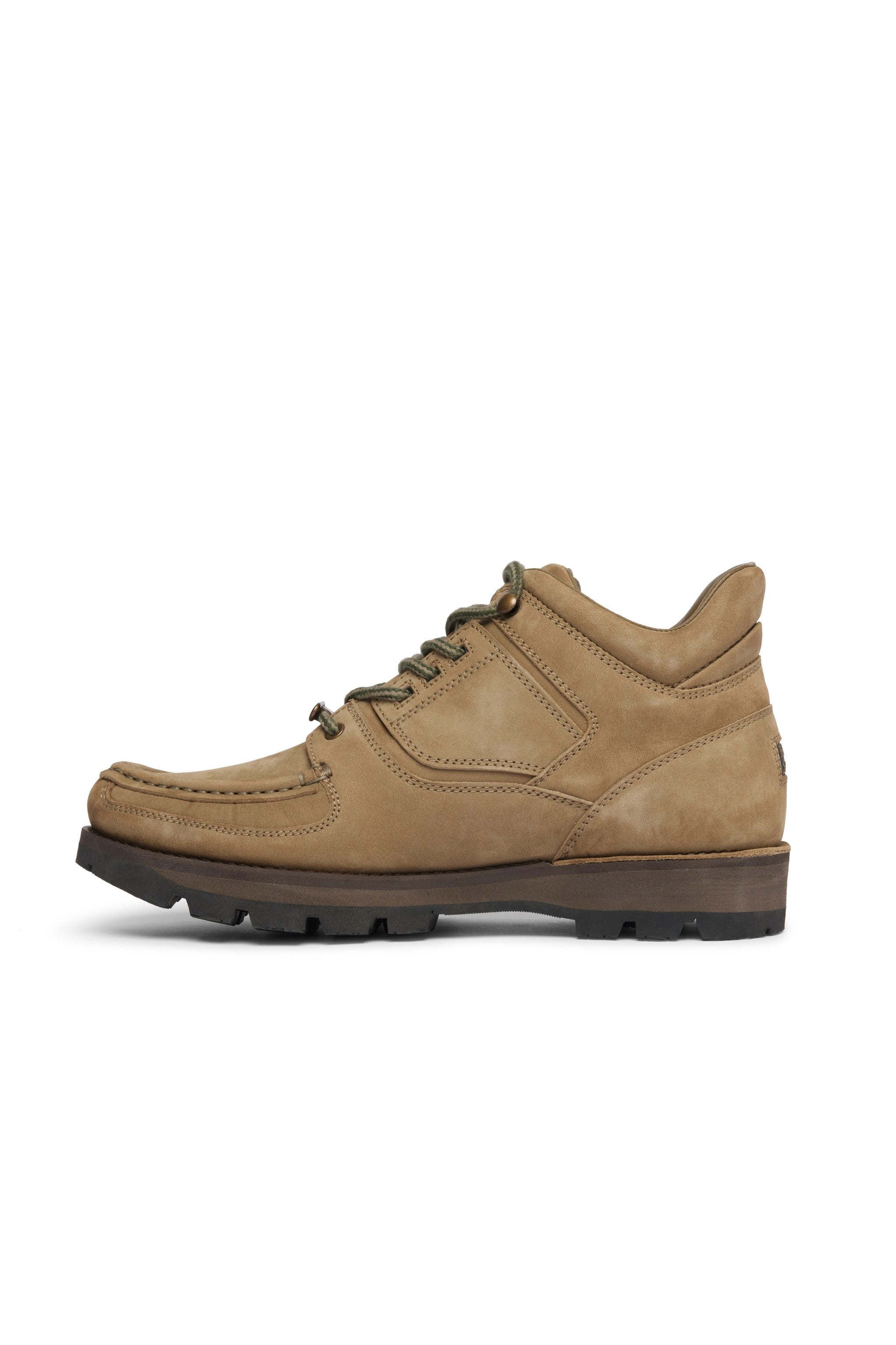 Rockport khaki tan nubuck leather hiker boot with black sole on a white background