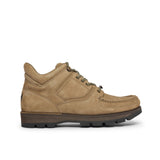Rockport khaki tan nubuck leather hiker boot with black sole on a white background