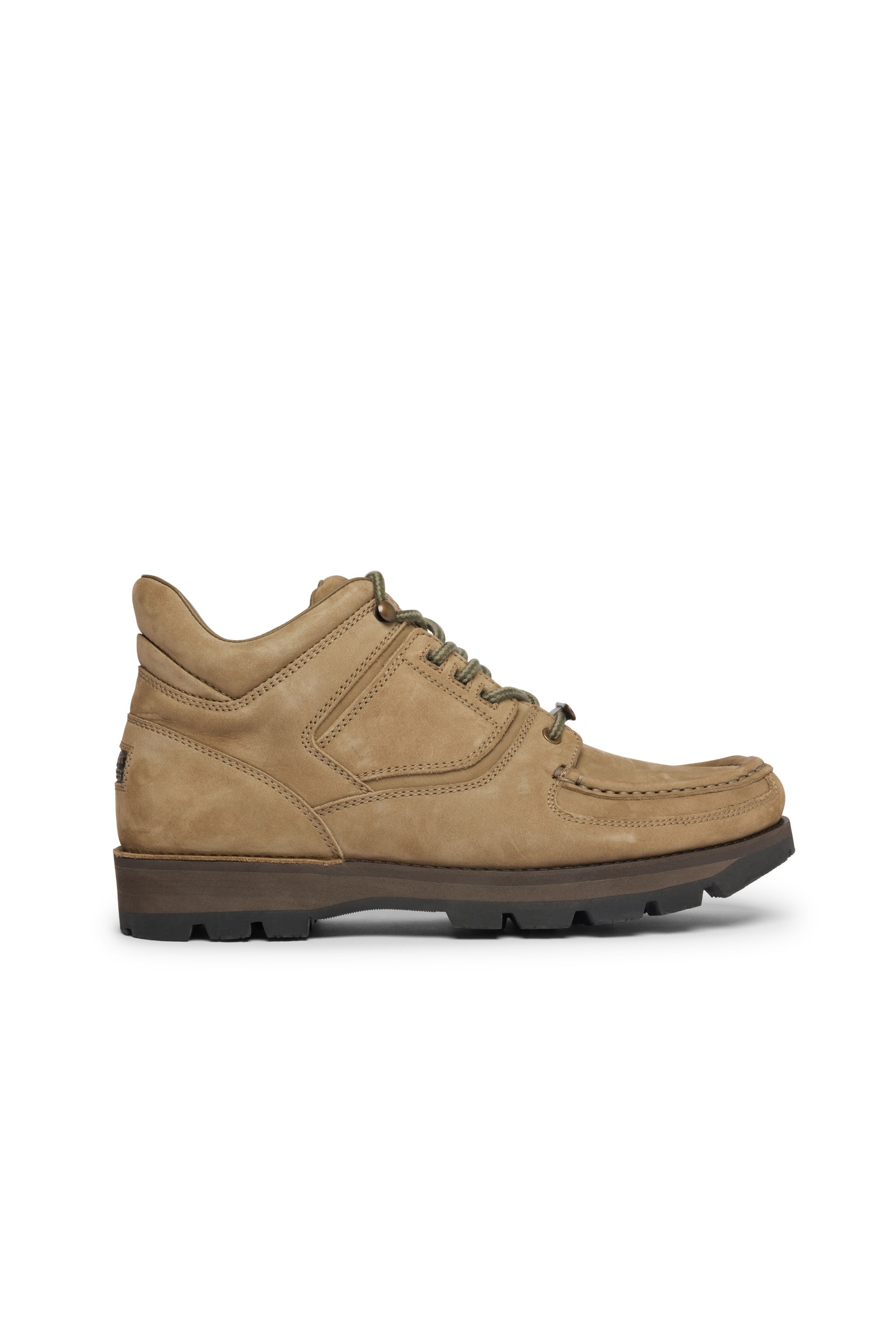 Rockport khaki tan nubuck leather hiker boot with black sole on a white background